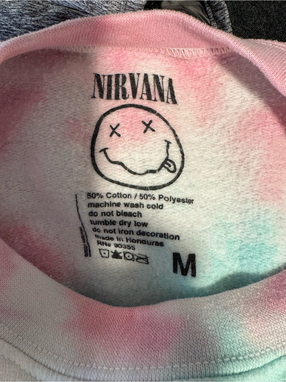 NIRVANA Pastel Pink & Aqua Tie-Dye Crewneck with Smiley Logo - Picture 2 of 4